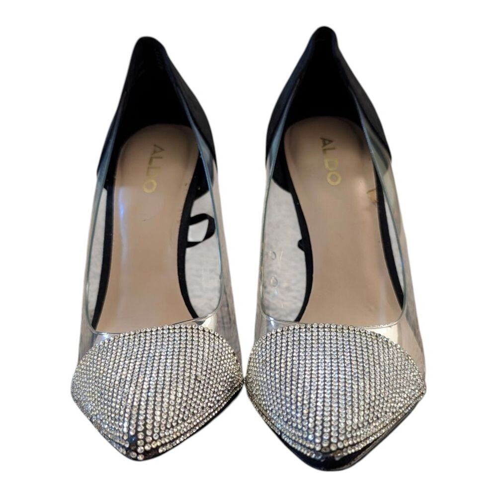 Aldo Mirori Black & Silver Heels With Rhinestone Pointed Toes & Clear Sides 6